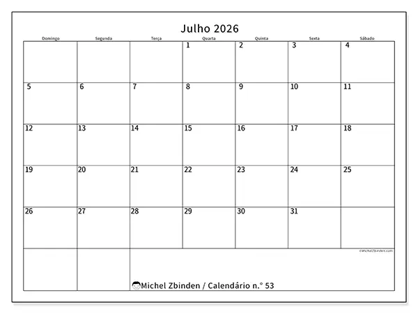 Calendário de julho de 2026 para imprimir - Horário eficiente - Semana: de domingo a sábado