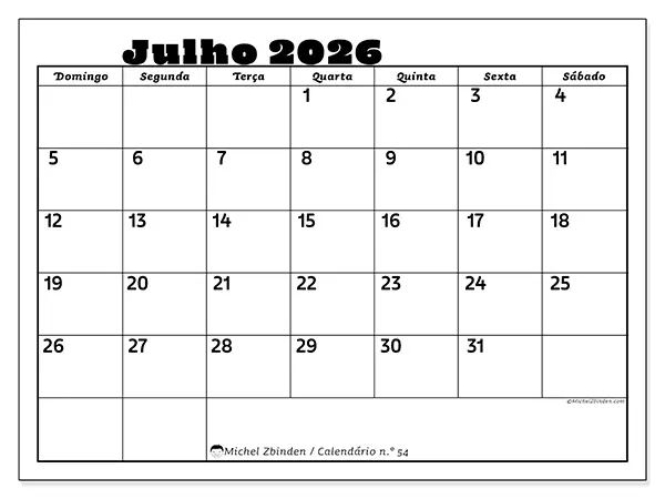 Calendário de julho de 2026 para imprimir - Atividades em família - Semana: de domingo a sábado