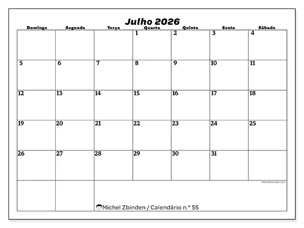 Calendário de julho de 2026 para imprimir - Organização do lazer - Semana: de domingo a sábado