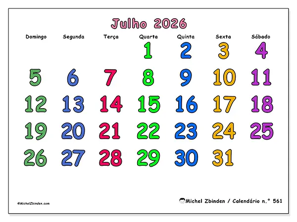 Calendário de julho de 2026 para imprimir - Momentos criativos - Semana: de domingo a sábado