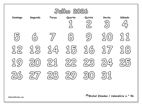 Calendário de julho de 2026 para imprimir - Colorir útil - Semana: de domingo a sábado