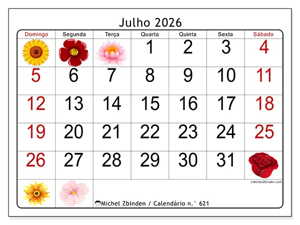 Calendário de julho de 2026 para imprimir - Flores grandes - Semana: de domingo a sábado