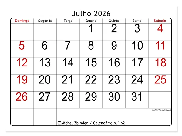 Calendário de julho de 2026 para imprimir - Leitura rápida - Semana: de domingo a sábado