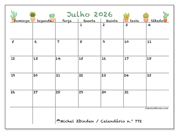 Calendário de julho de 2026 para imprimir - Cactos decorativos - Semana: de domingo a sábado