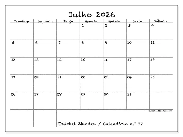 Calendário de julho de 2026 para imprimir - Escola e família - Semana: de domingo a sábado