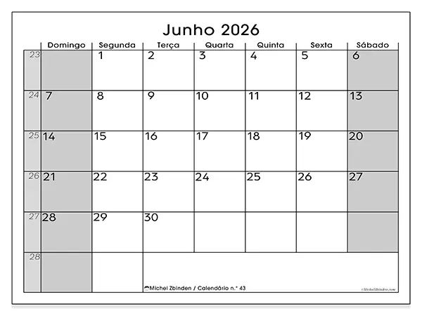 Calendário de junho de 2026 para imprimir - Organização perfeita - Semana: de domingo a sábado