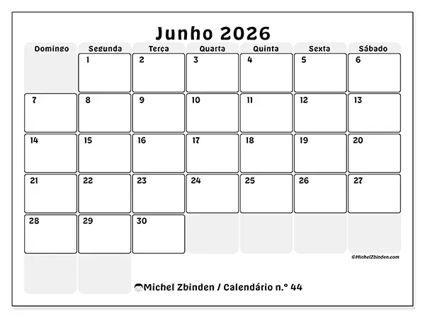 Calendário de junho de 2026 para imprimir - Planeamento estruturado - Semana: de domingo a sábado
