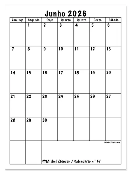 Calendário de junho de 2026 para imprimir - Planeamento eficiente - Semana: de domingo a sábado