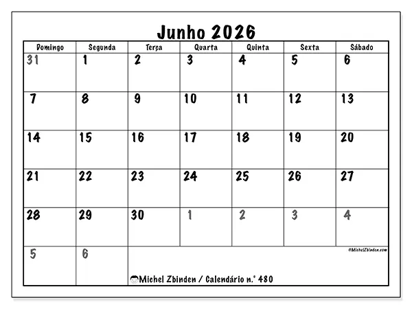 Calendário de junho de 2026 para imprimir - Planeamento completo - Semana: de domingo a sábado