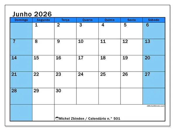 Calendário de junho de 2026 para imprimir - Estudos dinâmicos - Semana: de domingo a sábado