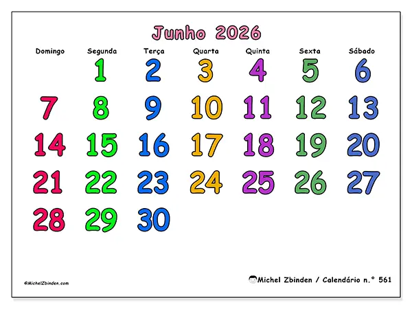 Calendário de junho de 2026 para imprimir - Momentos criativos - Semana: de domingo a sábado