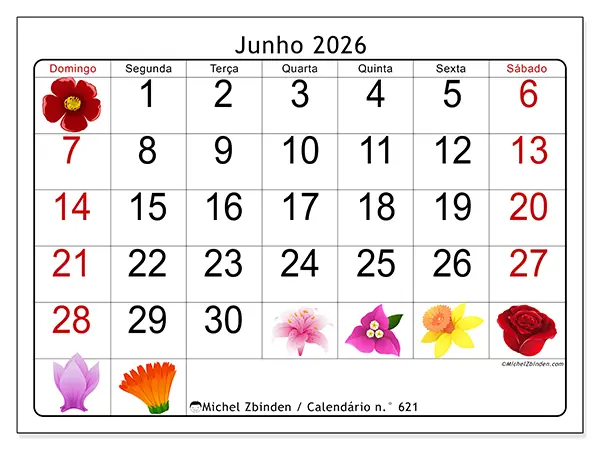 Calendário de junho de 2026 para imprimir - Flores grandes - Semana: de domingo a sábado