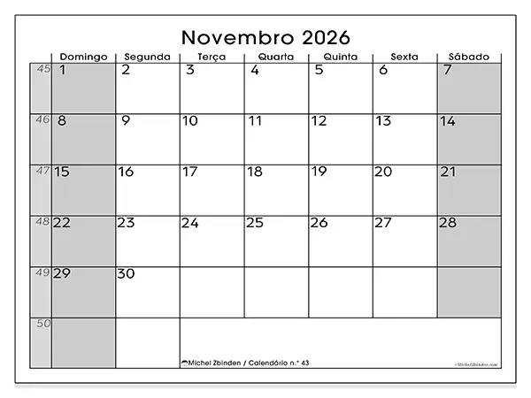 Calendário de novembro de 2026 para imprimir - Organização perfeita - Semana: de domingo a sábado