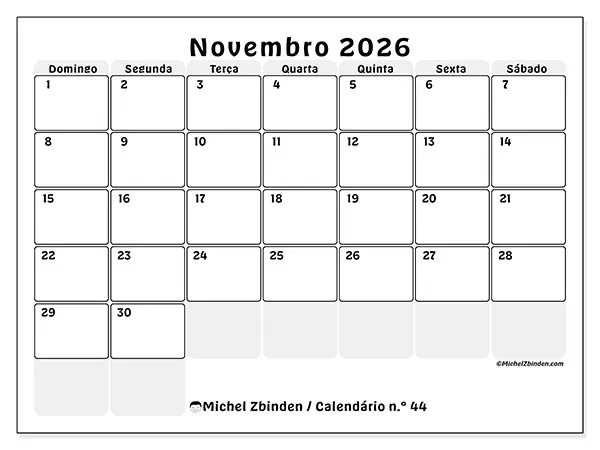 Calendário de novembro de 2026 para imprimir - Planeamento estruturado - Semana: de domingo a sábado