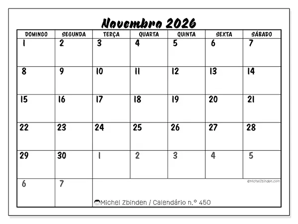 Calendário de novembro de 2026 para imprimir - Organização detalhada - Semana: de domingo a sábado