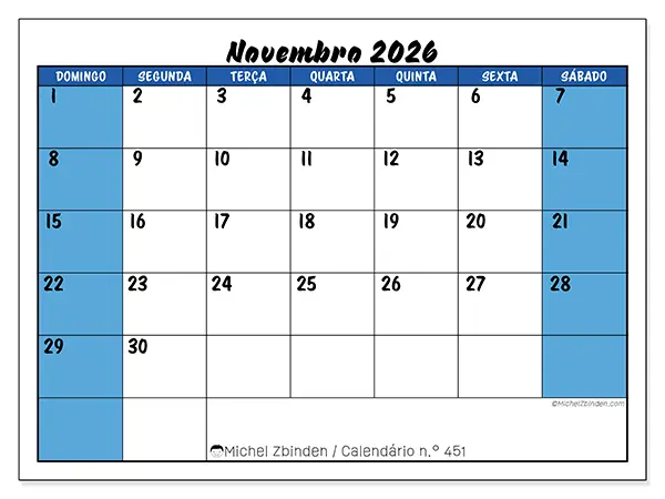 Calendário de novembro de 2026 para imprimir - Organização dinâmica - Semana: de domingo a sábado