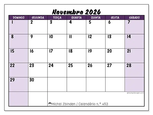 Calendário de novembro de 2026 para imprimir - Eficiência colorida - Semana: de domingo a sábado