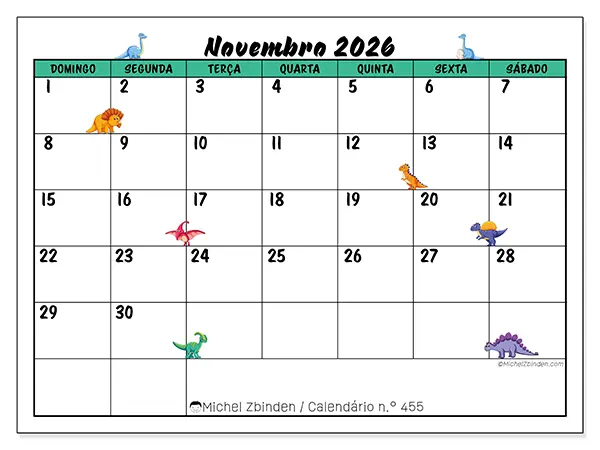 Calendário de novembro de 2026 para imprimir - Pequenos dinossauros - Semana: de domingo a sábado