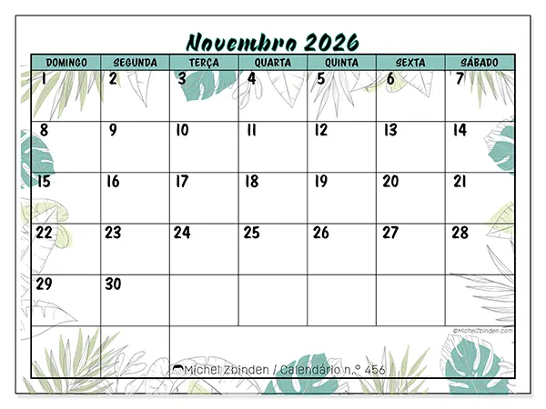 Calendário de novembro de 2026 para imprimir - Natureza e jardim - Semana: de domingo a sábado