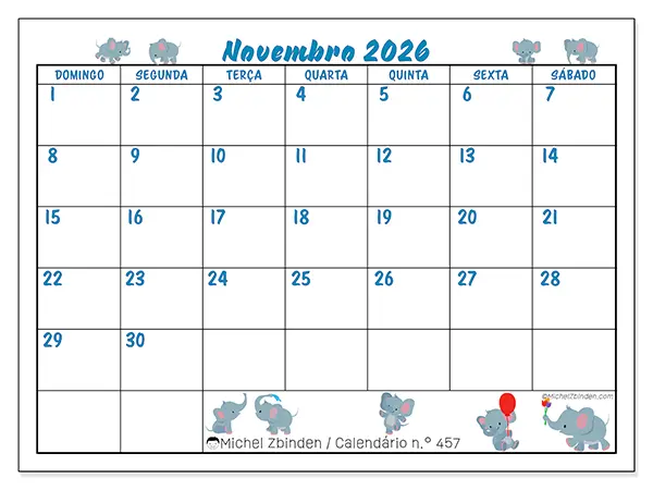 Calendário de novembro de 2026 para imprimir - Pequenos elefantes - Semana: de domingo a sábado