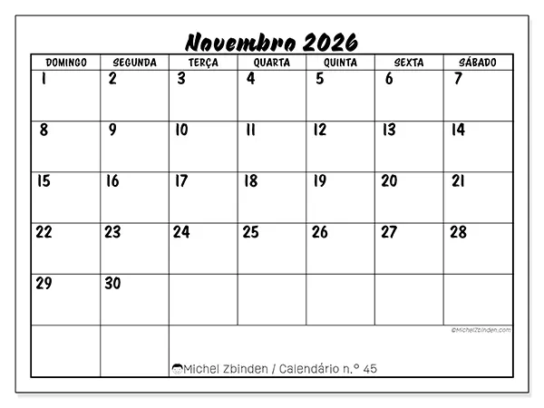 Calendário de novembro de 2026 para imprimir - Sucesso escolar - Semana: de domingo a sábado