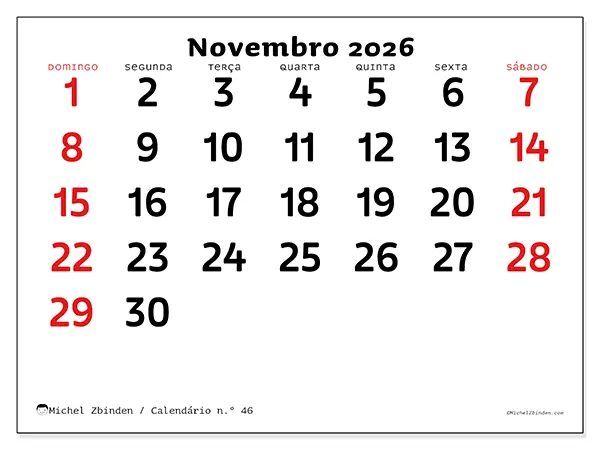 Calendário de novembro de 2026 para imprimir - Visão clara - Semana: de domingo a sábado