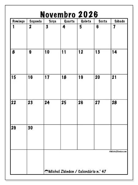 Calendário de novembro de 2026 para imprimir - Planeamento eficiente - Semana: de domingo a sábado