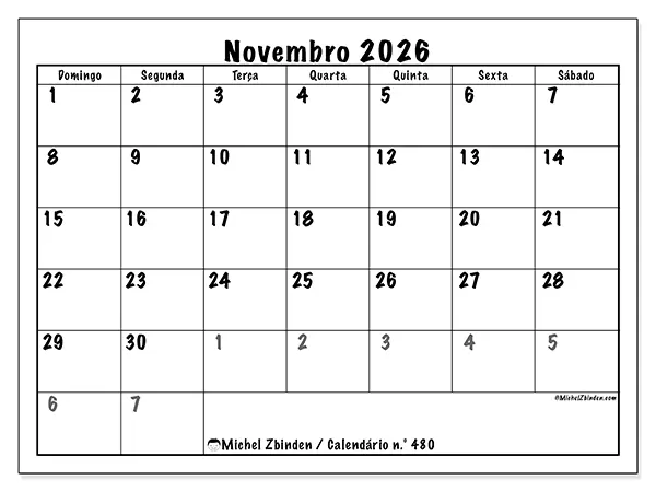 Calendário de novembro de 2026 para imprimir - Planeamento completo - Semana: de domingo a sábado