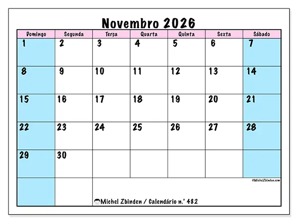 Calendário de novembro de 2026 para imprimir - Horário de equipa - Semana: de domingo a sábado