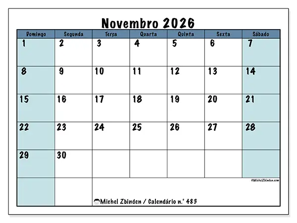Calendário de novembro de 2026 para imprimir - Estrutura para a escola - Semana: de domingo a sábado