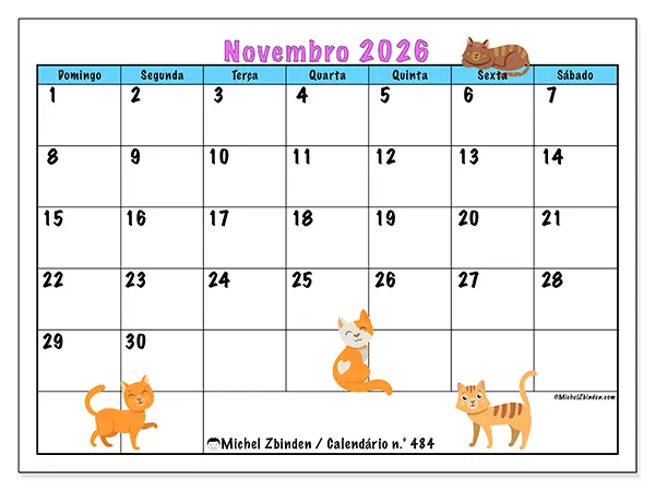 Calendário de novembro de 2026 para imprimir - Amor pelos gatos - Semana: de domingo a sábado