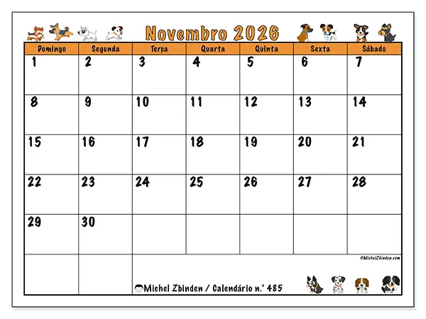 Calendário de novembro de 2026 para imprimir - Cães entusiasmados - Semana: de domingo a sábado