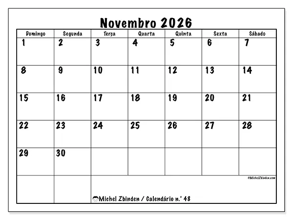 Calendário de novembro de 2026 para imprimir - Eficiência diária - Semana: de domingo a sábado
