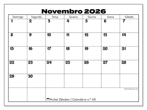 Calendário de novembro de 2026 para imprimir - Coordenação produtiva - Semana: de domingo a sábado