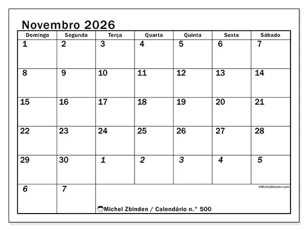 Calendário de novembro de 2026 para imprimir - Planeamento intensivo - Semana: de domingo a sábado