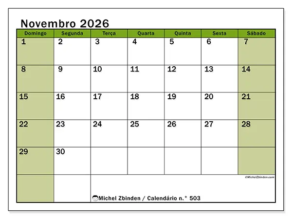 Calendário de novembro de 2026 para imprimir - Organização viva - Semana: de domingo a sábado