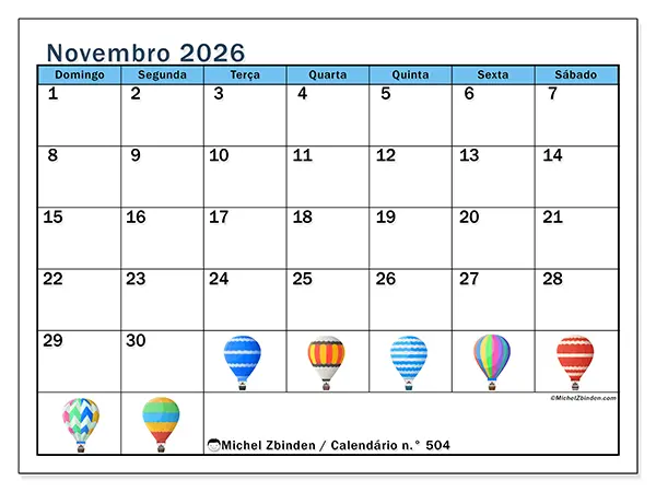 Calendário de novembro de 2026 para imprimir - Balões de ar quente - Semana: de domingo a sábado
