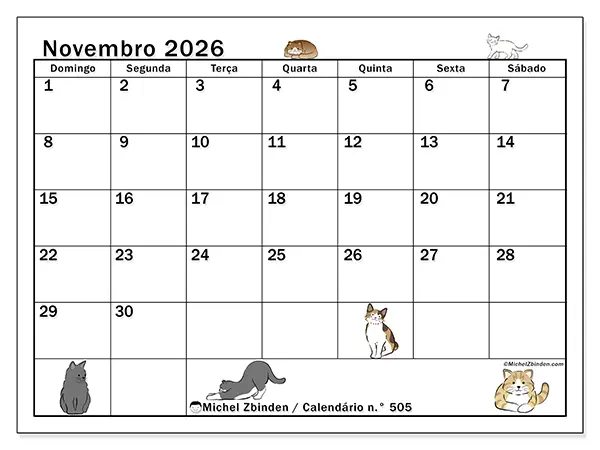 Calendário de novembro de 2026 para imprimir - Vida de gato - Semana: de domingo a sábado