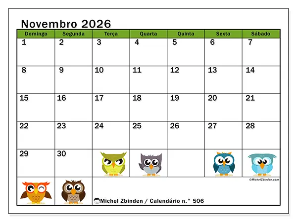Calendário de novembro de 2026 para imprimir - Corujas divertidas - Semana: de domingo a sábado