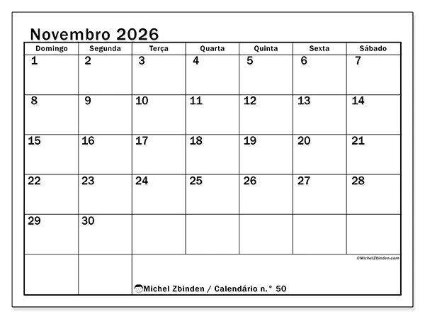 Calendário de novembro de 2026 para imprimir - Planeamento ideal - Semana: de domingo a sábado