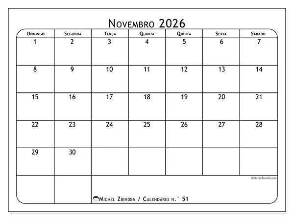Calendário de novembro de 2026 para imprimir - Planeador de refeições - Semana: de domingo a sábado