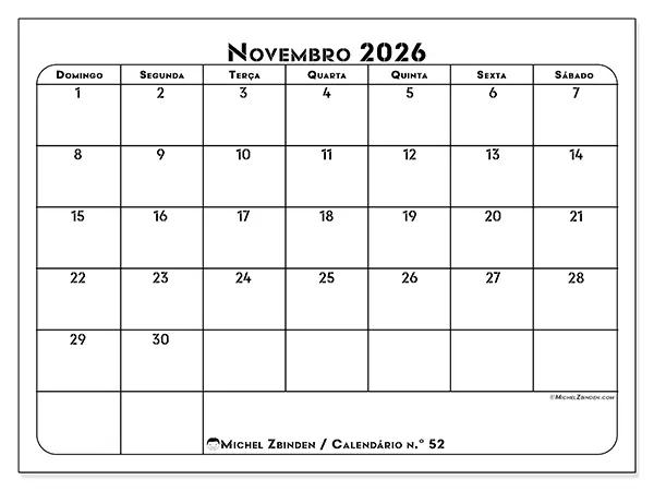 Calendário de novembro de 2026 para imprimir - Organização profissional - Semana: de domingo a sábado