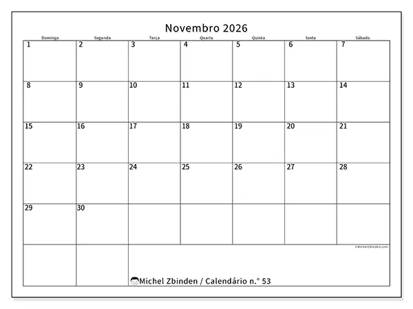 Calendário de novembro de 2026 para imprimir - Horário eficiente - Semana: de domingo a sábado