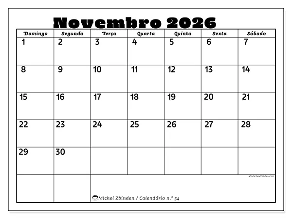 Calendário de novembro de 2026 para imprimir - Atividades em família - Semana: de domingo a sábado