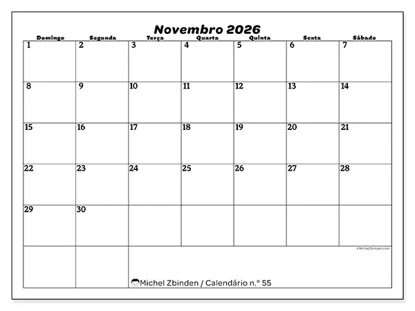Calendário de novembro de 2026 para imprimir - Organização do lazer - Semana: de domingo a sábado