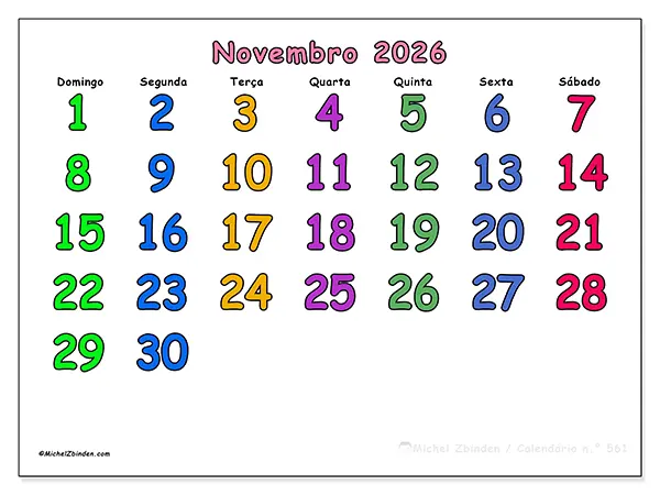 Calendário de novembro de 2026 para imprimir - Momentos criativos - Semana: de domingo a sábado