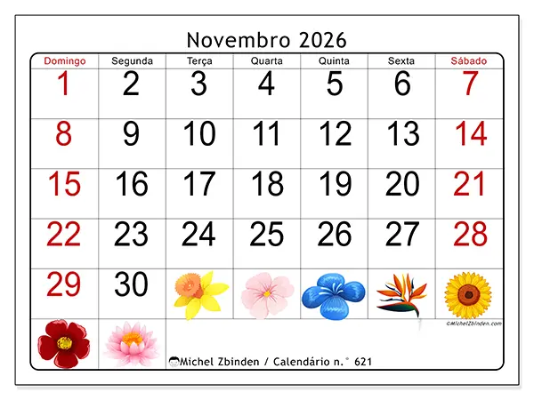 Calendário de novembro de 2026 para imprimir - Flores grandes - Semana: de domingo a sábado