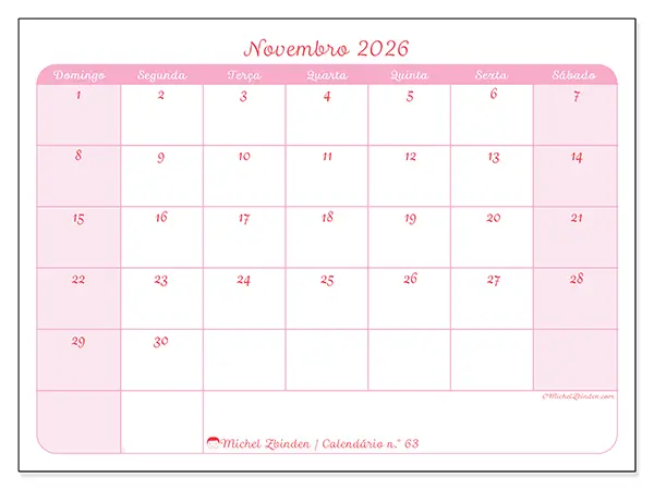 Calendário de novembro de 2026 para imprimir - Organização suave - Semana: de domingo a sábado