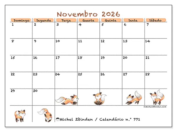 Calendário de novembro de 2026 para imprimir - Desenhos de raposas - Semana: de domingo a sábado