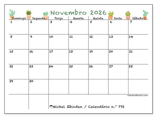 Calendário de novembro de 2026 para imprimir - Cactos decorativos - Semana: de domingo a sábado